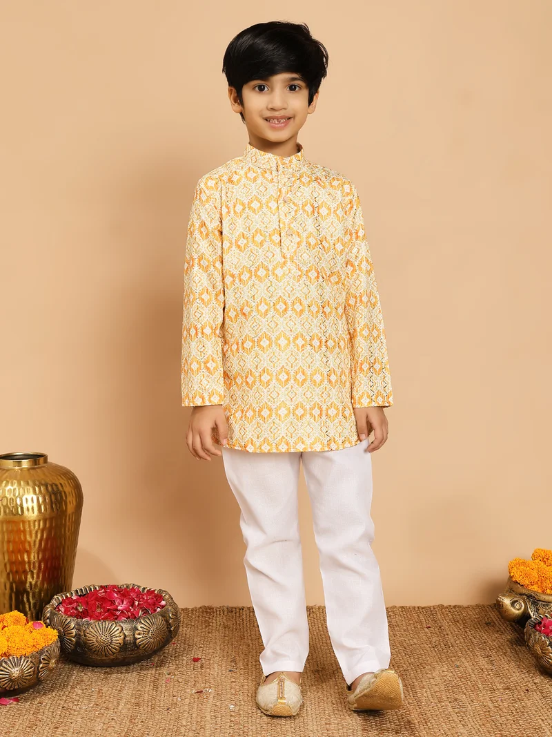 BT DEZINES Boys Yellow Rayon Ikat Print Kurta & Pyjama Set